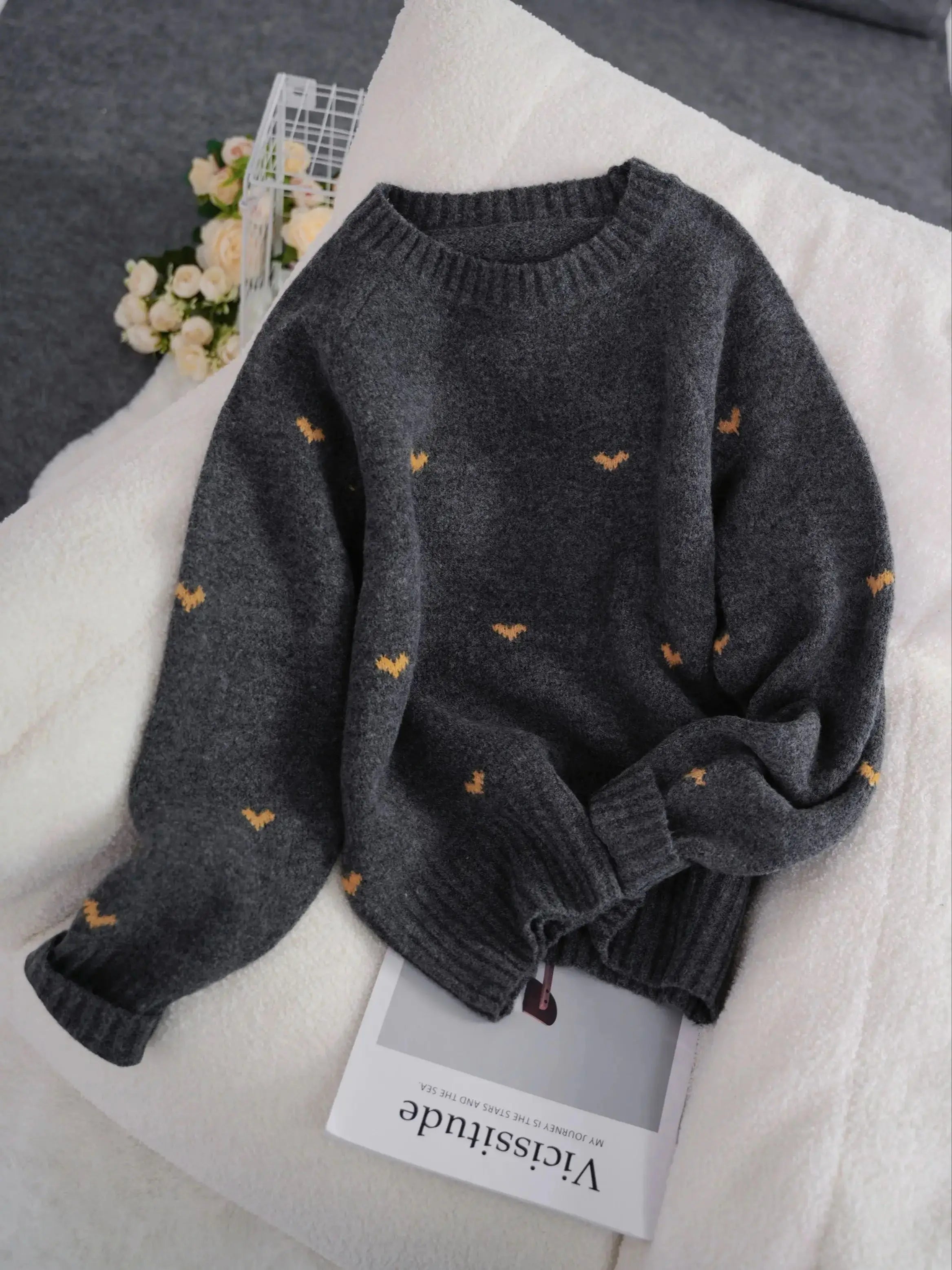 Valentine's Day Women's Crochet Sweater - Flying Bird & Heart Pattern Long Sleeve Pullover, Fall New Arrival Casual Streetwear