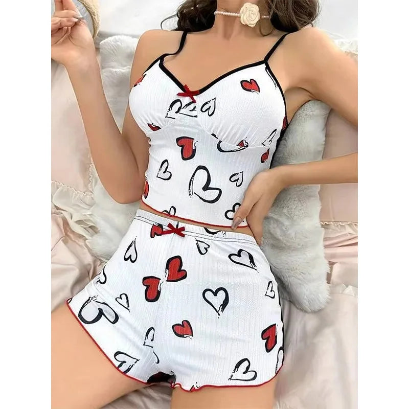 2026 New Women's Pajamas Summer Soft and Comfortable Heart Printed Home Clothes Two Piece Set Sexy Strap Pajama Set Hot Selling
