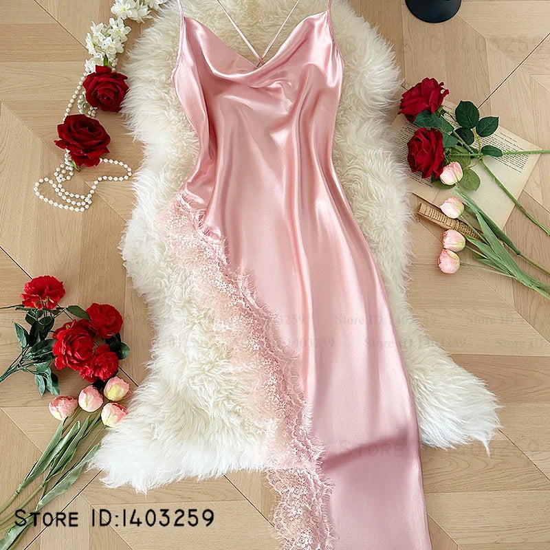Women's Spaghetti Strap Nightgown Chemise Sleepwear Sexy Intimate Lingerie Backless Lace Split Nightdress Homewear Satin Nighty