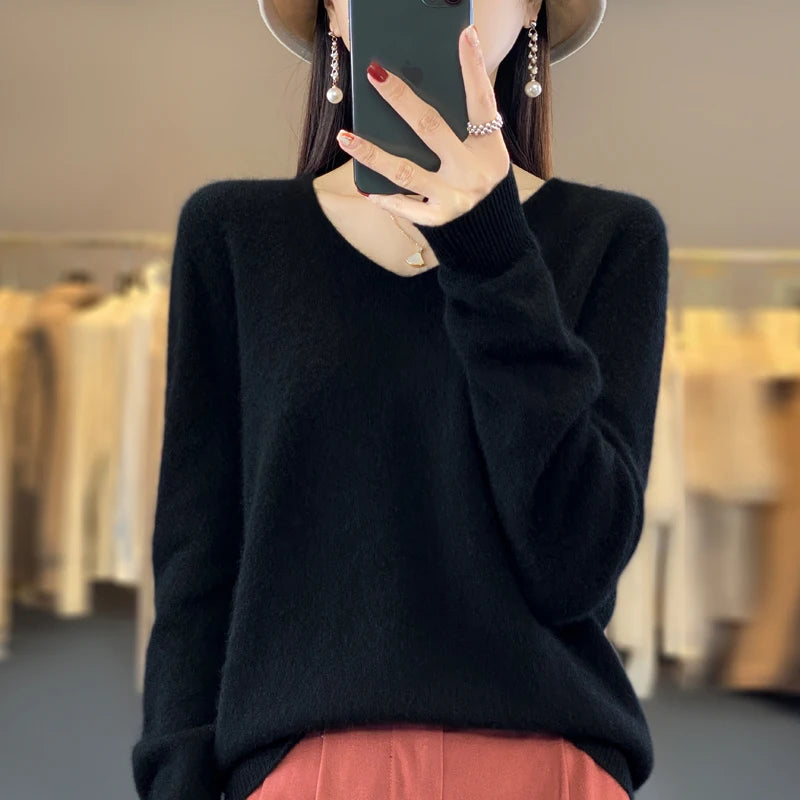 New Autumn And Winter Fashion First-Line Sweater 100% Pure Wool Women's V-Neck Pullover Knitted Base DMR201