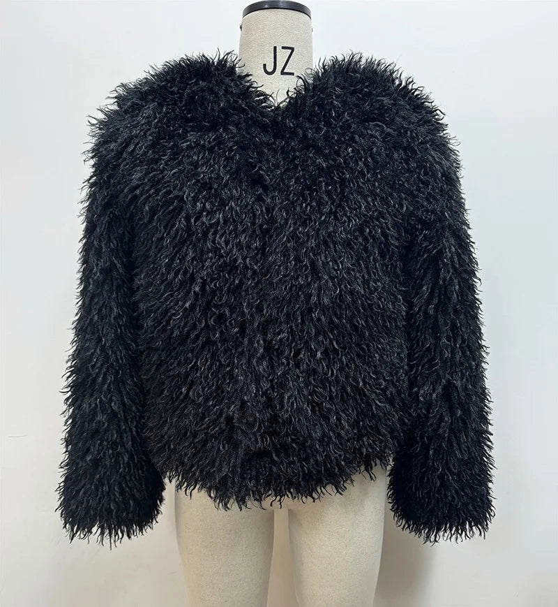 DEAT Fashion Brown Faux Fur Coat Women's Round Neck Loose Long Sleeves Thick Plush Short Jacket Winter New 7A1041