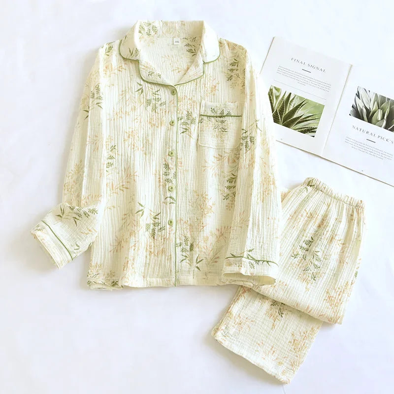 2026 New Spring and Autumn Women's Pajama Set 100% Cotton Crepe Printed Long Sleeve Pants Two Piece Home Suit Set Sleepwear