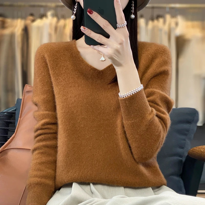 New Autumn And Winter Fashion First-Line Sweater 100% Pure Wool Women's V-Neck Pullover Knitted Base DMR201