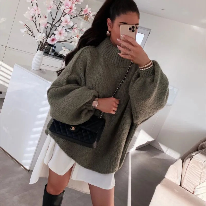 Commuter Fashion New Winter Sweater Solid Color Half High Collar Oversize Knit Pullover Loose Thick Sweater for Women Outfits
