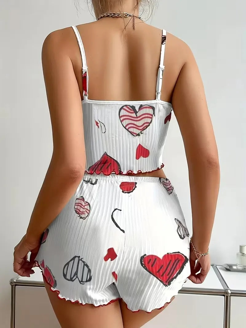 4 Size Choose S M L XL Women's Two-Piece Suspender Heart Printed Top and Shorts Women's Casual Printed Pajama Set