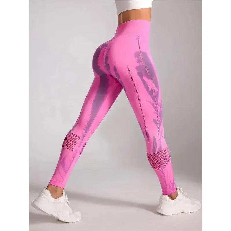 Women Stretchy Yoga Pants Gym Tie-Dye Leggings for Women Seamless High-Waisted Hollow Out Tight-Fitting Workout Leggings