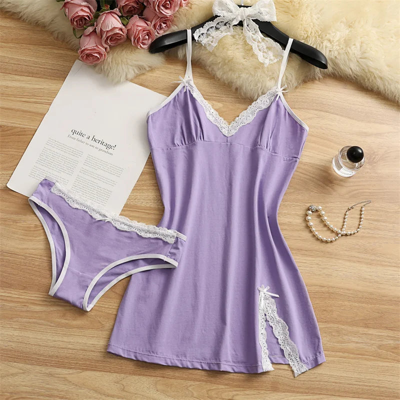 Women Pajama Cotton Suspender Nightdress 2 Pieces Pajama Set Cute Lace Nightgowns Bow Summer Sleepwear V-neck Slit Pajamas Dress