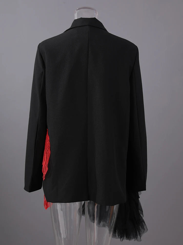 [EAM] Women Black Mesh Irregular Fish Spliced Big Size Blazer New Lapel Long Sleeve Jacket Fashion Spring Autumn 2026 CPG2902
