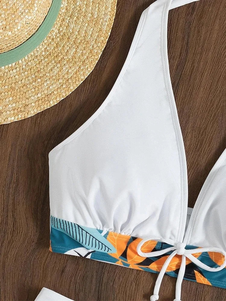 Halter Bikini Set Short Swimsuit Women High Waist Swimwear Female Printed Bathers Swimming Bathing Swim Suit Beachwear
