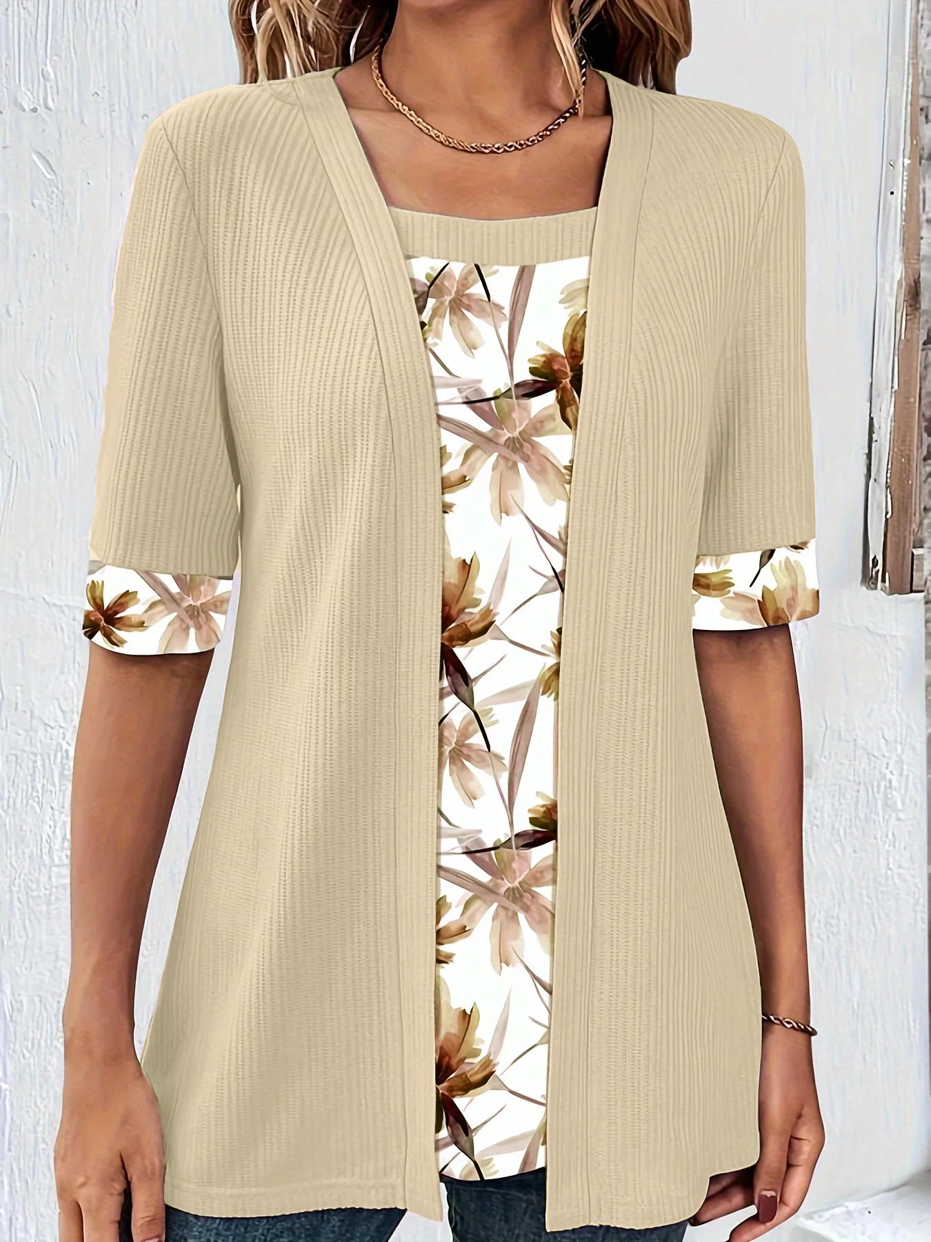 2024 Plus Size T Shirts Women Fashion Elegant Patchwork Fake Two Piece Shirts Summer Casual Print Half Sleeve Ladies Loose Tops