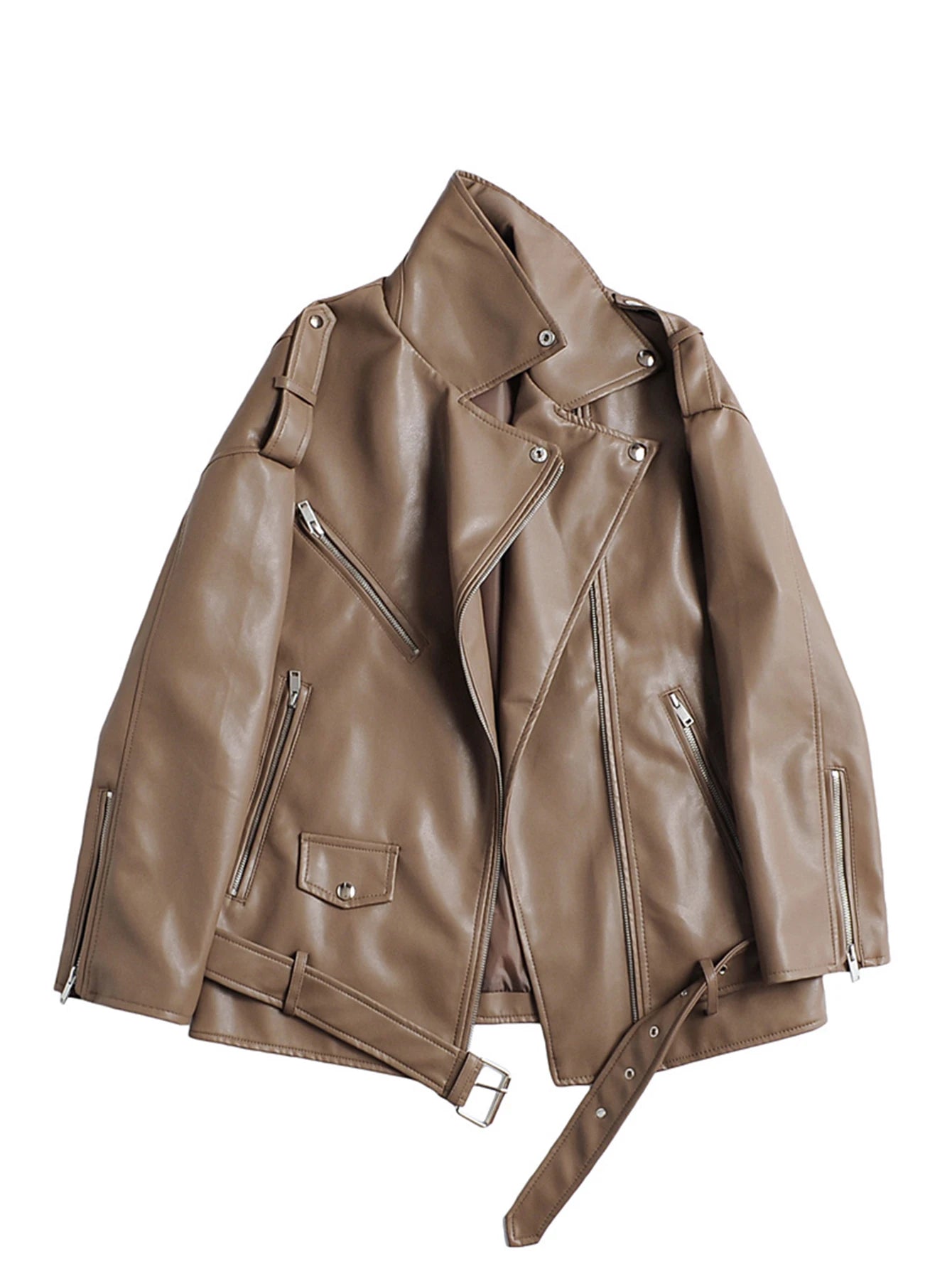 Ailegogo Women Loose Motorcycle Biker Black Pu Faux Leather Jacket with Belt Spring Autumn Female Zipper Coat Outwear