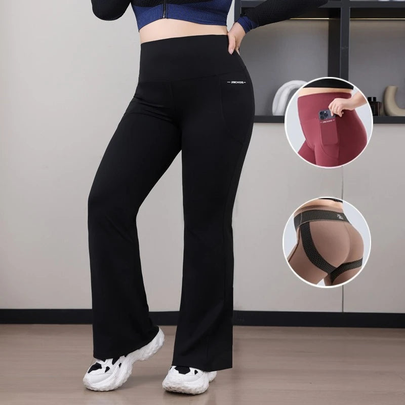 Plus Size Fit Yoga Flared Trousers for Women Semaless Two Sides Pocket Leggings High Waist Push Up Butt Gym Trainning Leggings