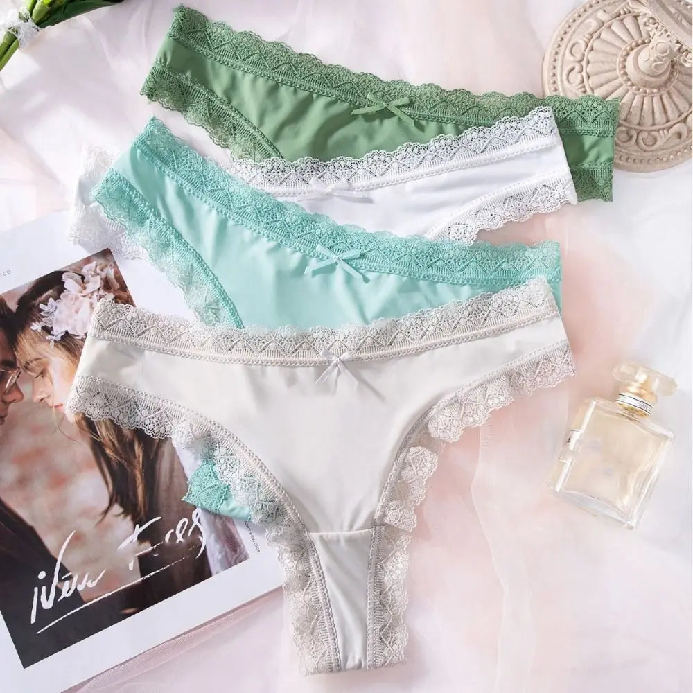 Comfortable Seamless Ice Silk Panties Cotton Crotch Thong Lace Bow Briefs Underwear Low Waist Women's Summer Panties Girl
