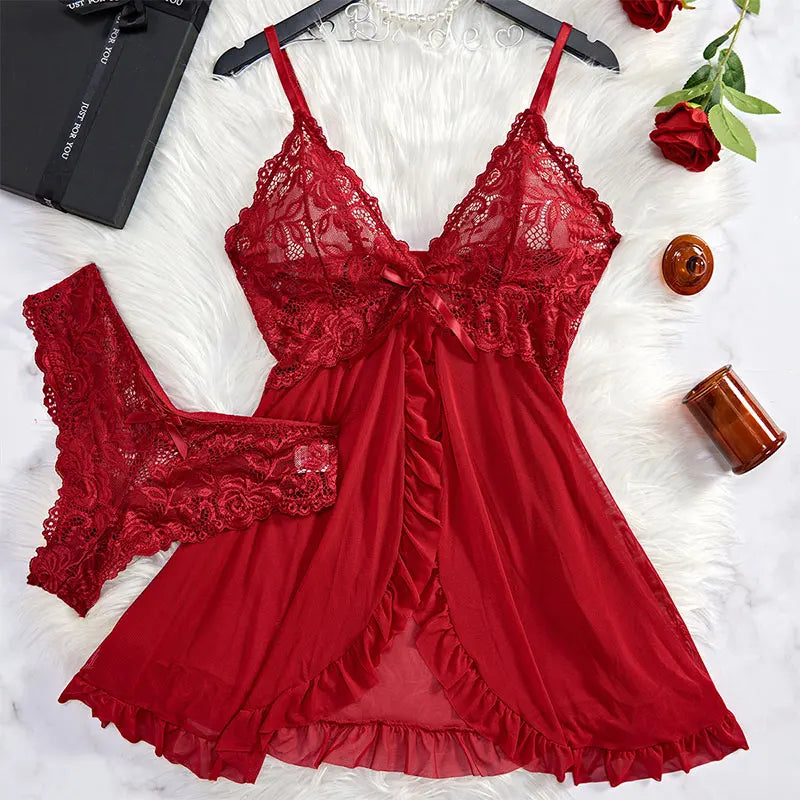 A Set Pink Cute Women Sweet Nightdress And Panty Pijamas Suit Sleeveless Halter Nightgown Short Sets V-Neck Bra Thong Luxury Kit