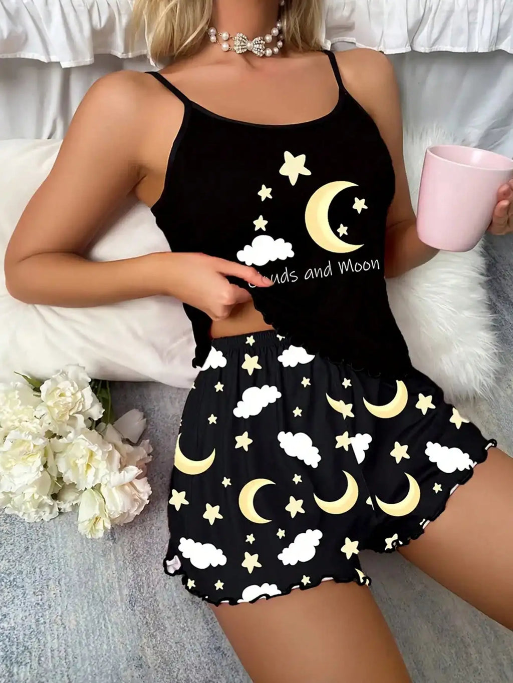 Women Pajamas Sleepwear 2 Pieces Set Black Camisole Shorts Moon & Cloud Print Scoop Neck Cami Top Backless Lettuce Trim Ice Silk