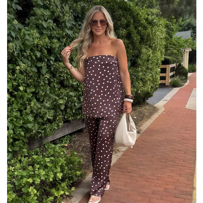 MUJER Polka Dot Pants Set Women 2 Piece Satin High Waist Woman Trousers Suits Corset Crop Top Woman Summer Outfit Women's Pants