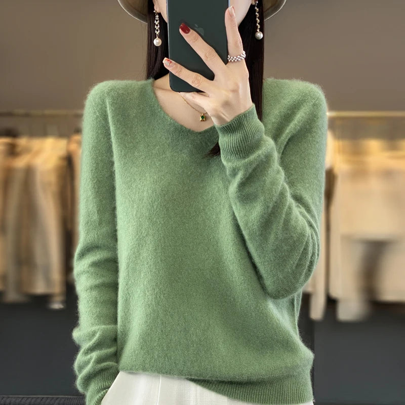 New Autumn And Winter Fashion First-Line Sweater 100% Pure Wool Women's V-Neck Pullover Knitted Base DMR201