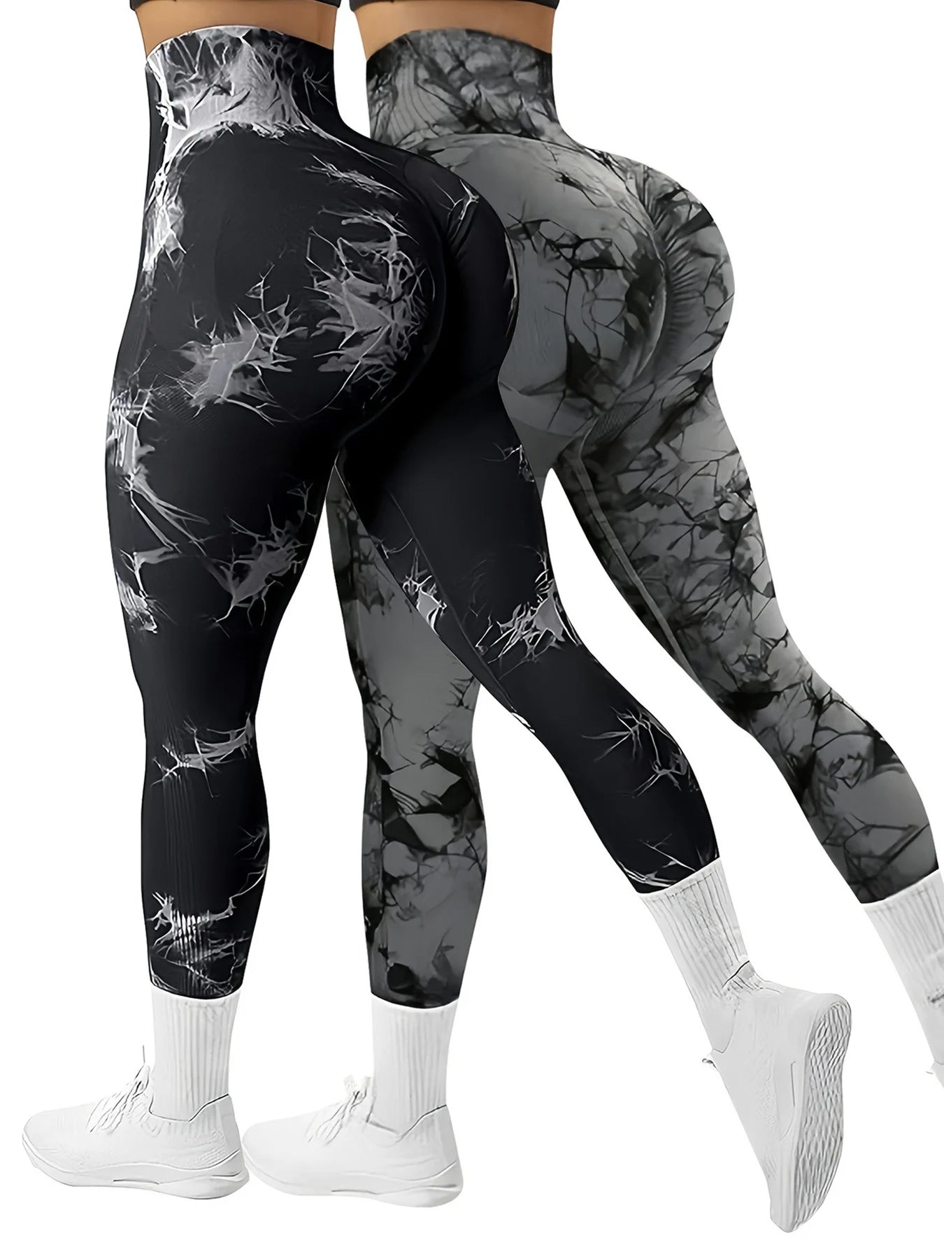 CZGUKE 2-PCS tie dye seamless women's high waisted yoga pants tight waist and hip lifting elastic wide waist sports leggings