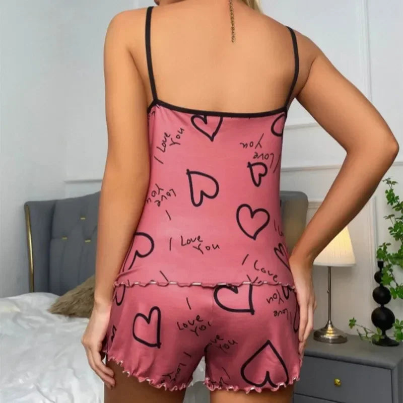 Summer Casual Pajama Set for Women's Loungewear Sleepwear Red Heart Print Round Neck Ice Silk Top T-Shirt and Shorts Sets