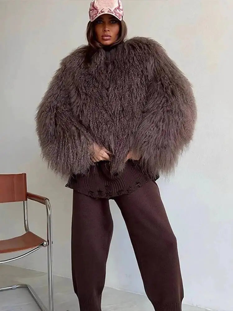 DEAT Fashion Brown Faux Fur Coat Women's Round Neck Loose Long Sleeves Thick Plush Short Jacket Winter New 7A1041