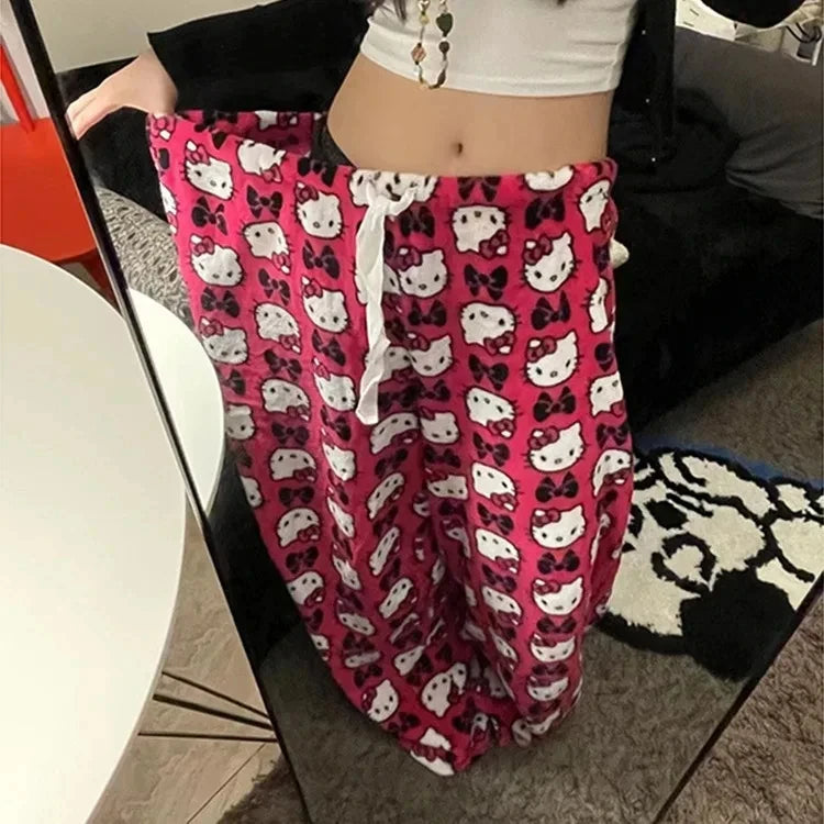 Y2K Hello Kitty pajamas anime women's pajamas Cartoon Fashion Home Sleepwear Trousers Leisure Home Clothing Winter Trouser