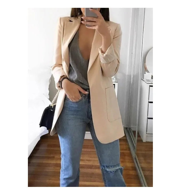 European and American Fashion Casual Suit Polo Neck Slim Fit Cardigan Temperament Women's  Coat Spring and Autumn 2024