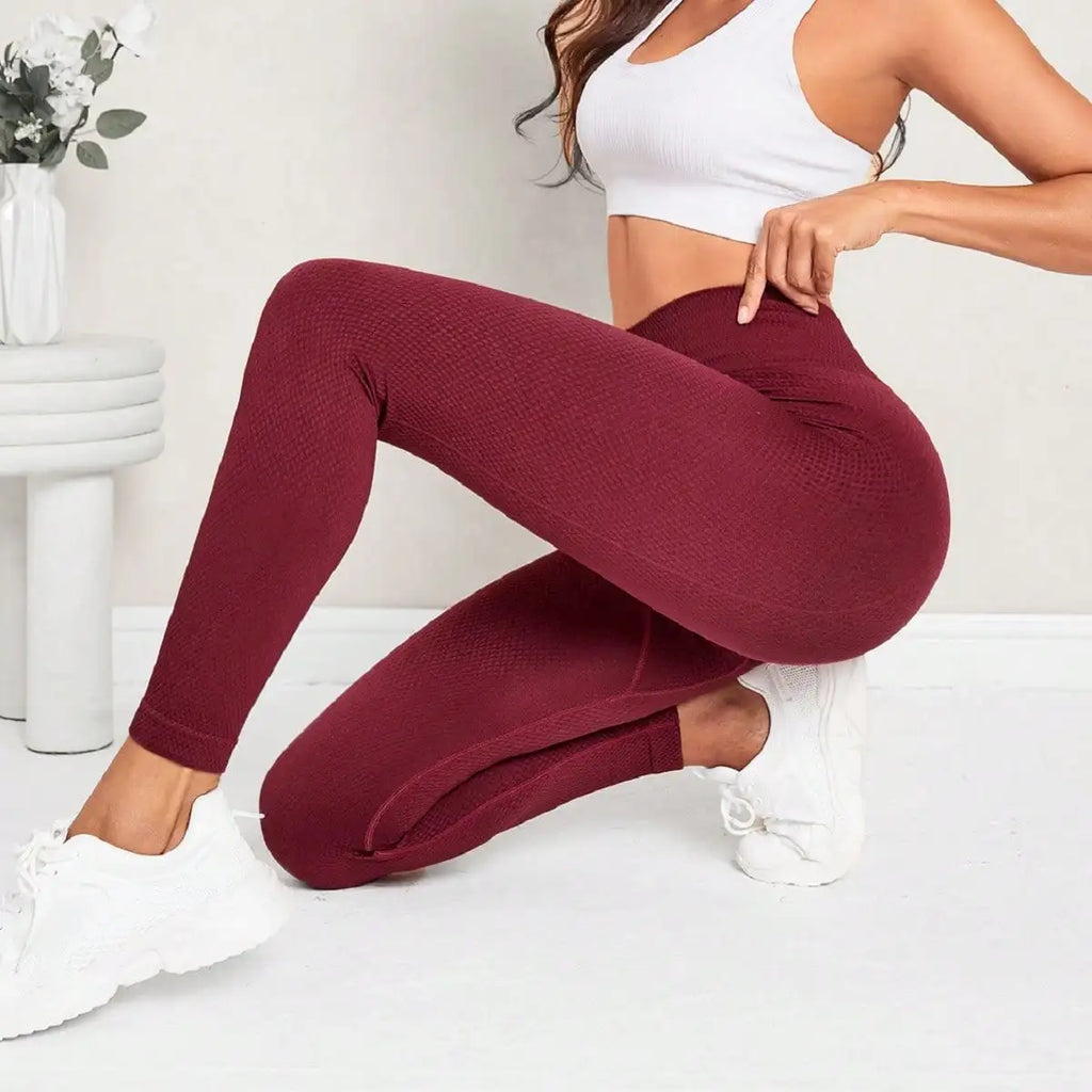 Wine Red Honeycomb Textured Leggings Women High Waist Seamless Yoga Pants Butt Lifting Tummy Control Fitness Workout Tights