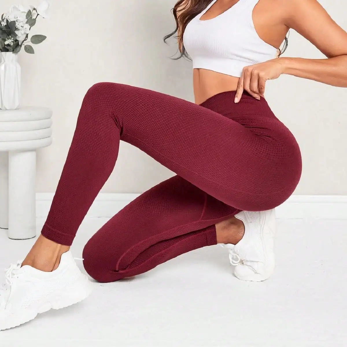 Wine Red Honeycomb Textured Leggings Women High Waist Seamless Yoga Pants Butt Lifting Tummy Control Fitness Workout Tights
