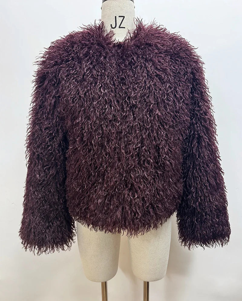 DEAT Fashion Brown Faux Fur Coat Women's Round Neck Loose Long Sleeves Thick Plush Short Jacket Winter New 7A1041