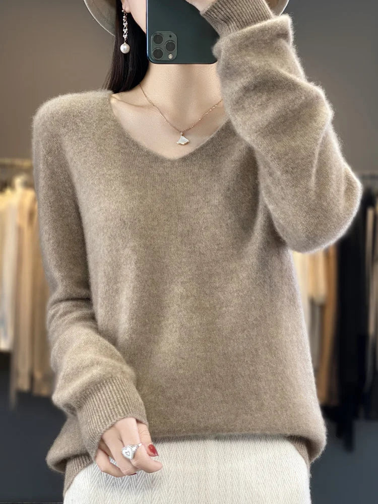 New Autumn And Winter Fashion First-Line Sweater 100% Pure Wool Women's V-Neck Pullover Knitted Base DMR201