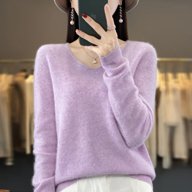 New Autumn And Winter Fashion First-Line Sweater 100% Pure Wool Women's V-Neck Pullover Knitted Base DMR201