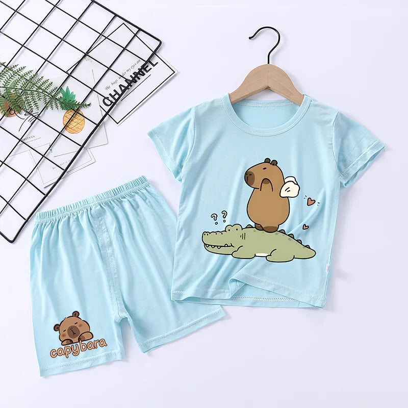 Capybara Cute Pajamas Suit Short Sleeve Sleepwear Cartoon Animal Print Soft Homewear Set Kawaii Silky Home Nightgown Summer Gift