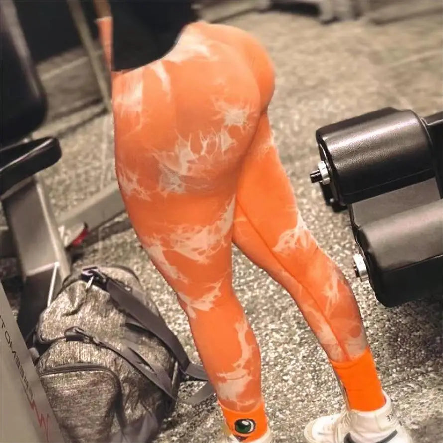 Women Tie Dye Leggings Shorts Gym Workout Scrunch Yoga Pants High Waist Sportswear Orange