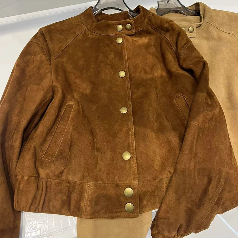 2026 Imported Goat Suede Jacket For Women Retro Standing Collar Versatile Slimming Elastic Waist  Leather Coat Chaquetas Bomber