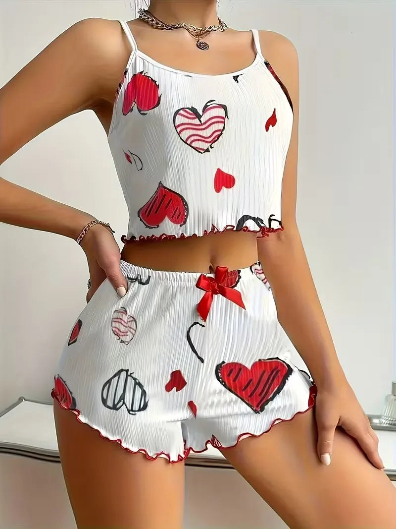 4 Size Choose S M L XL Women's Two-Piece Suspender Heart Printed Top and Shorts Women's Casual Printed Pajama Set