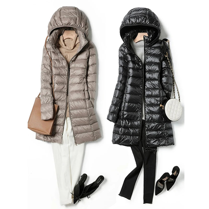 Women's X-long Office Lady Hat Detachable Puffer Jackets 2025 New Arrival Autumn Winter White Duck Down Warm Coat