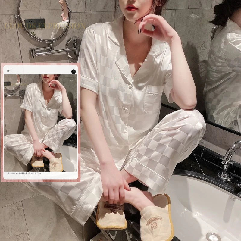 Spring Summer Ladies Faux Silk Polyester Pajama Sets Sexy Homewear Women's Casual Luxury Pajamas Thin Pajamas Female Sleepwear