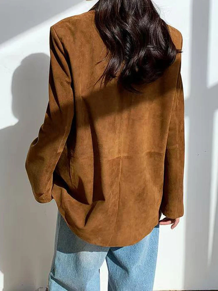 Top layer Suede Suit Jacket for Women 2025 Luxury Imported Kid Suede 100% Leather One Button Back Cut Coat Linda Fuchsia Ceket