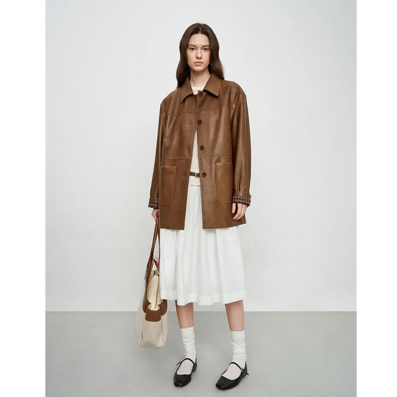 Women's Plant Tanned Leather Coat Trench Lapel Sheepskin Mid-Length Autumn Winter Outerwear