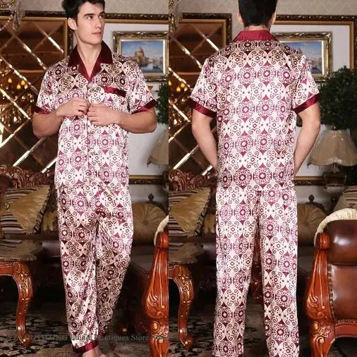 New Male Pajamas Set Homewear Print Short Sleeve Trouser Suits Pijamas Silky Satin Men Sleepwear Lounge Wear Loose Pyjama