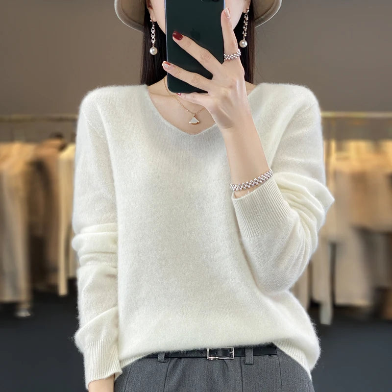 New Autumn And Winter Fashion First-Line Sweater 100% Pure Wool Women's V-Neck Pullover Knitted Base DMR201