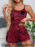 Women's  Allover Moon& Star Pajamas Casual Sleepwear 2 pieces Set Camisole Shorts Starry Print Red scoop neck Cami Top Backless