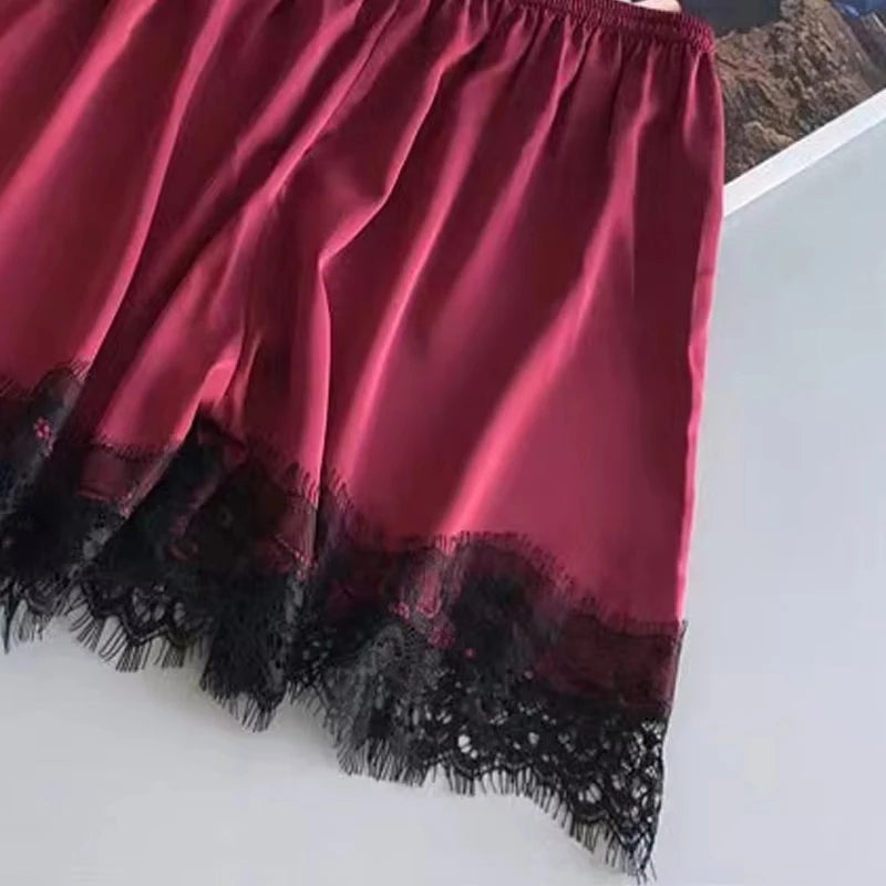Women Halter Pajamas  Camisole Shorts Home Wear Red Black Sexy Lace Ventilate Classic Summer Thin Pajamas Without Chest Cushion