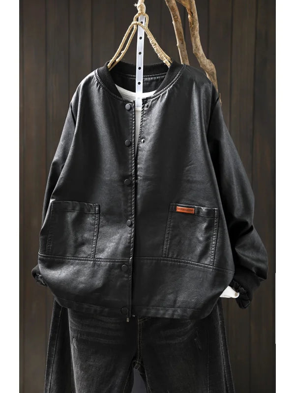 Casual Long Sve PU Leather Jaet Women's Sle Collar Baseball Coat Trendy Ba Splicing Ball Game Faion Outerwear