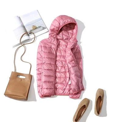Women's Fashion Hooded Short Puffer Jackets 2025 New Spring Winter 90% White Duck Down Lightweight Packable female Warm Parka