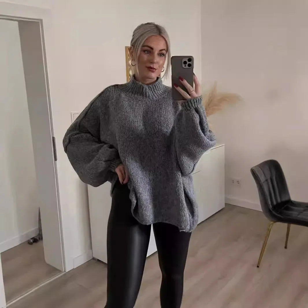 Commuter Fashion New Winter Sweater Solid Color Half High Collar Oversize Knit Pullover Loose Thick Sweater for Women Outfits