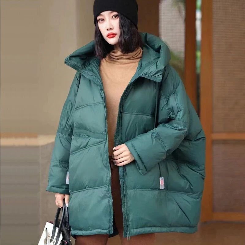 Lagabogy 2025 New Winter Women 90% White Duck Down Jacket Casual Loose Over Size Warm Parka Female Drawstring Hooded Puffer Coat