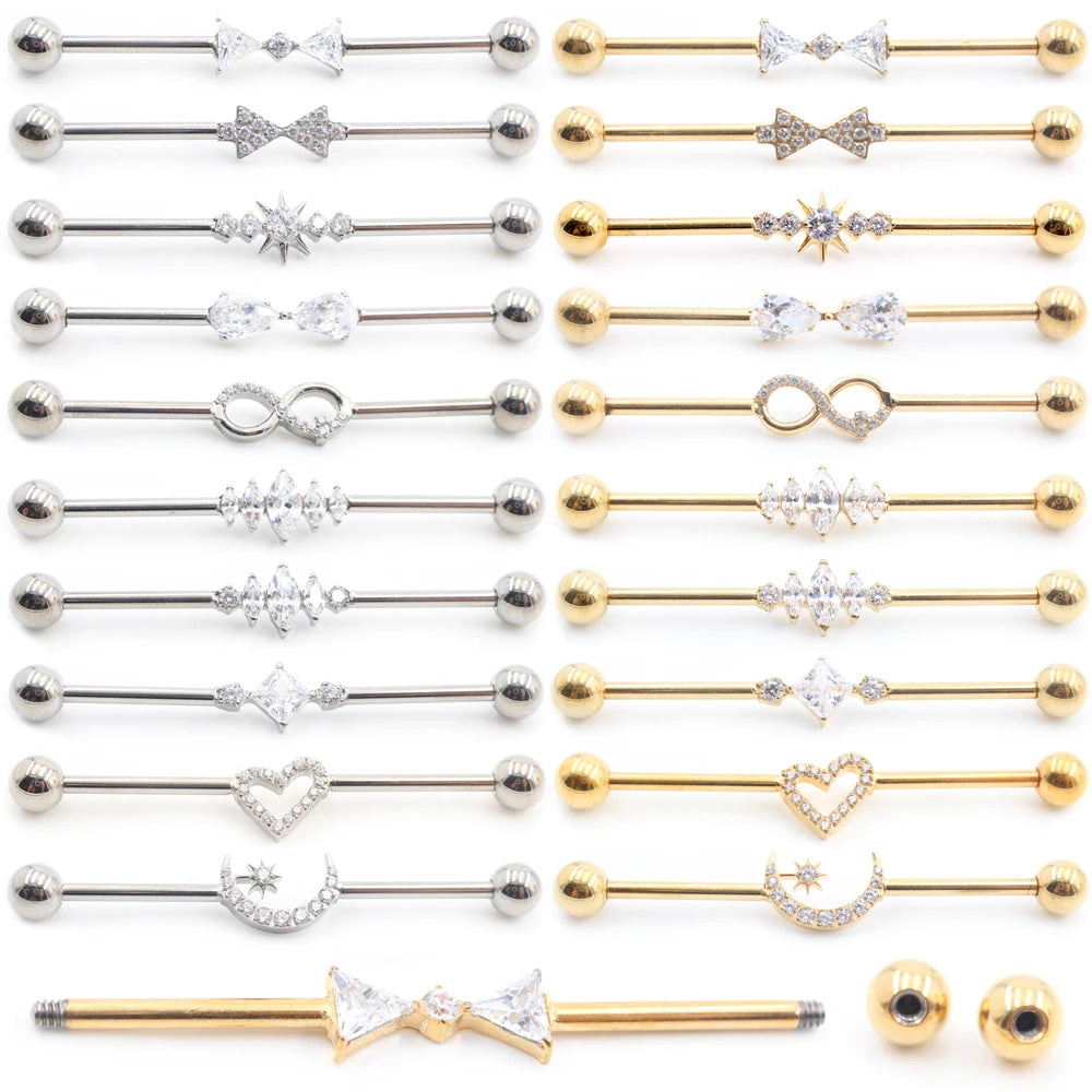 1PC Titanium Heart Triangle Water Drop Zircon Piercing Industrial Barbell Bar Scaffold Ear Cartilage Helix Earring Body Jewelry