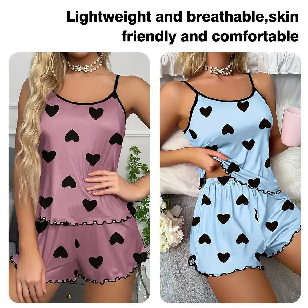Women's Pajama Set Sexy Cute Kawaii Pajamas Women suspenders Sun-Tops Loungewear Set Shorts Y2K Lolita Heart Silk Sleepwear