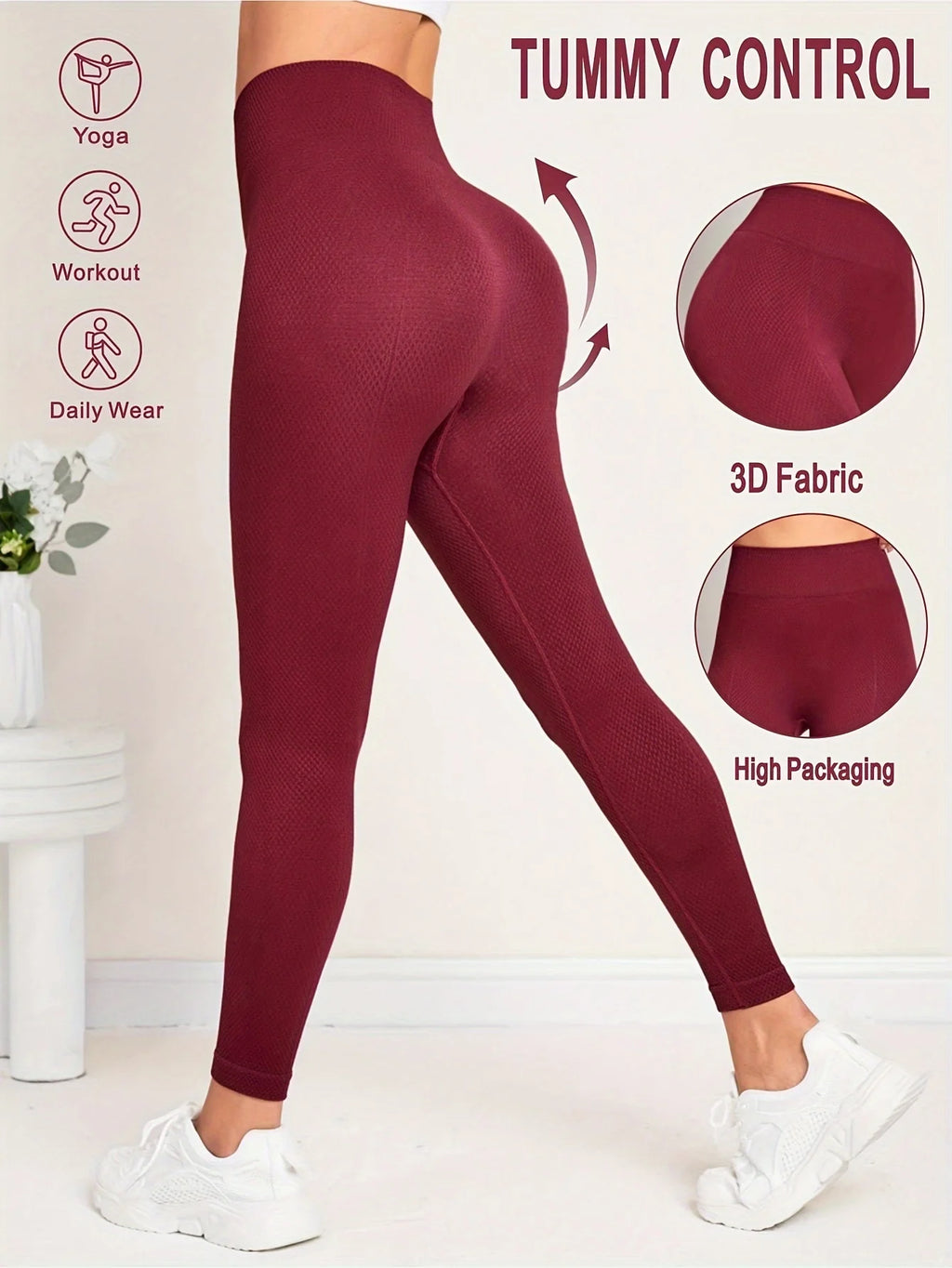Wine Red Honeycomb Textured Leggings Women High Waist Seamless Yoga Pants Butt Lifting Tummy Control Fitness Workout Tights